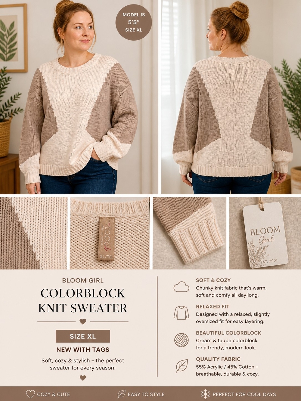 Cream & Taupe Colorblock Crewneck Sweater Size XL New With Tags